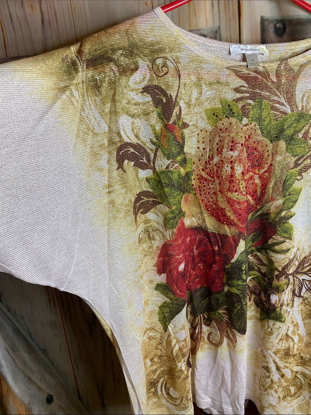 Dressbarn NWOT Metallic Floral Scoop Neck Short Sleeve Top Stretchy Comfy - Picture 3 of 7